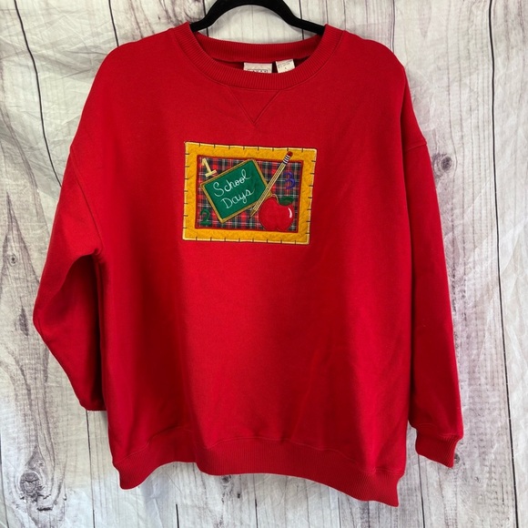 Vintage Embroidered Graphic Print Red School Days Crewneck Sweatshirt Large - Picture 1 of 6